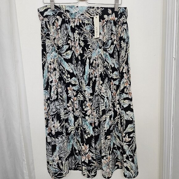 New Status by Chenault Black Floral Micro Pleat Midi Summer Skirt Size XL - Picture 1 of 9